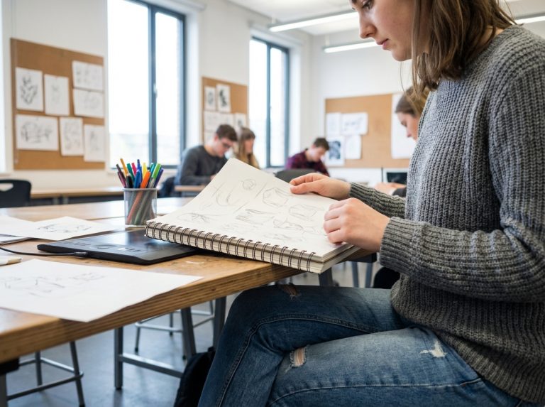 Jeune femme en classe regardant ses croquis de design
