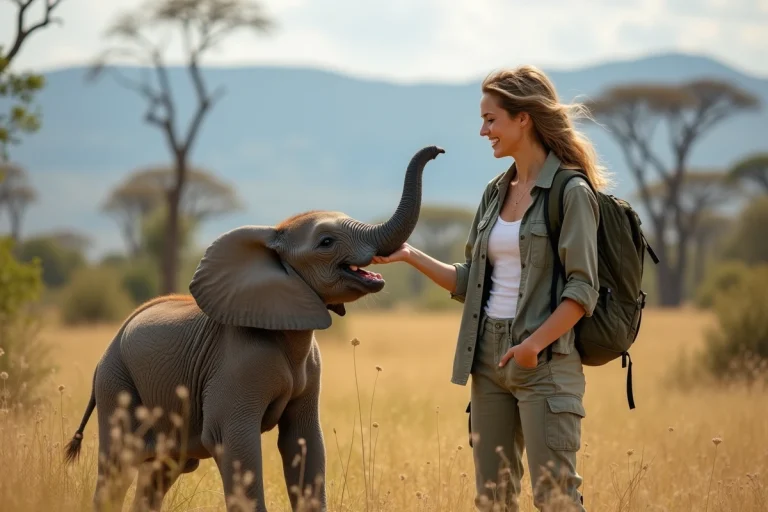 Jeune femme nourrissant un éléphant dans la savane