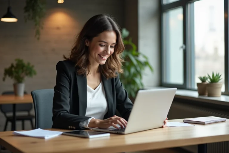 Jeune femme entrepreneure souriante dans un espace coworking moderne