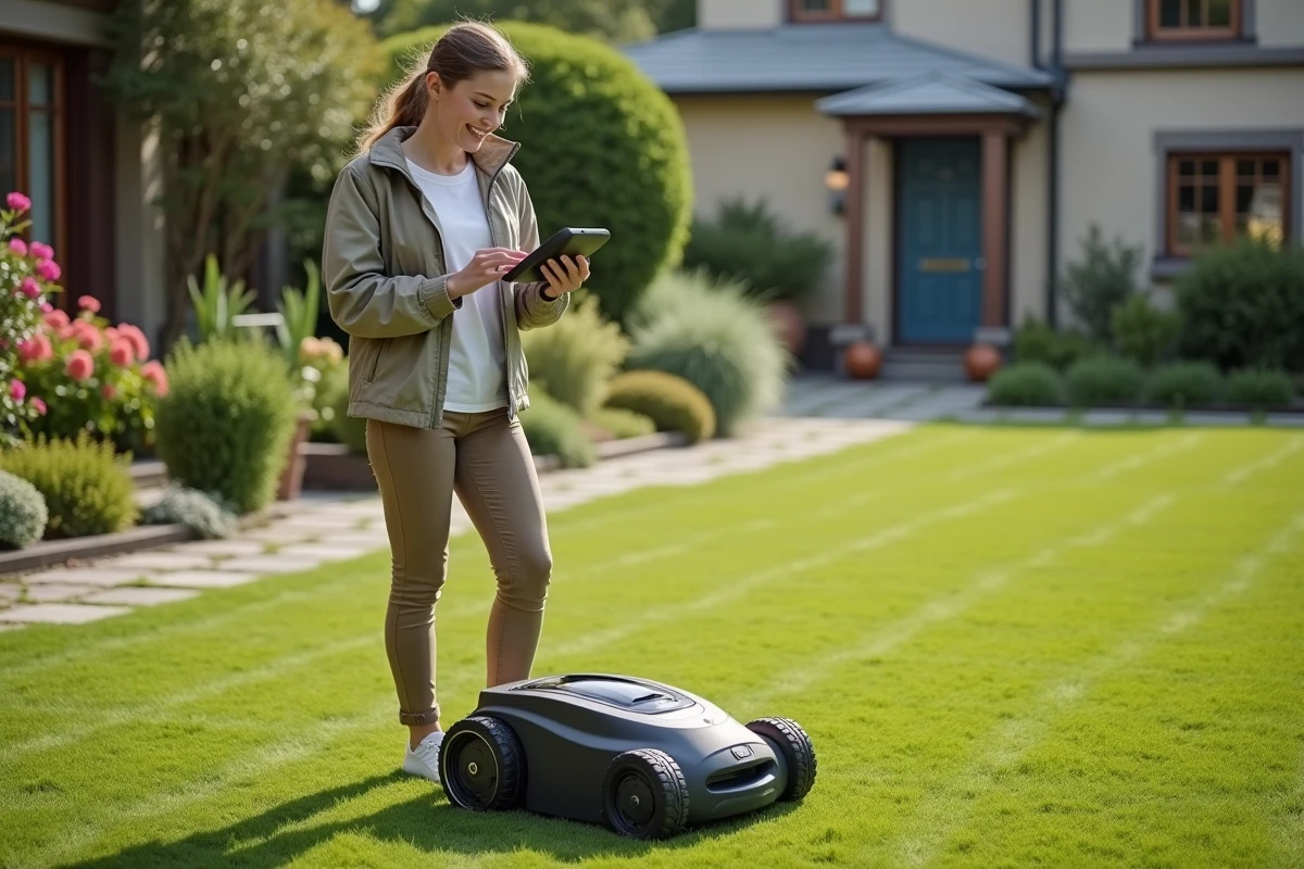 Jeune femme programme une tondeuse robot dans le jardin
