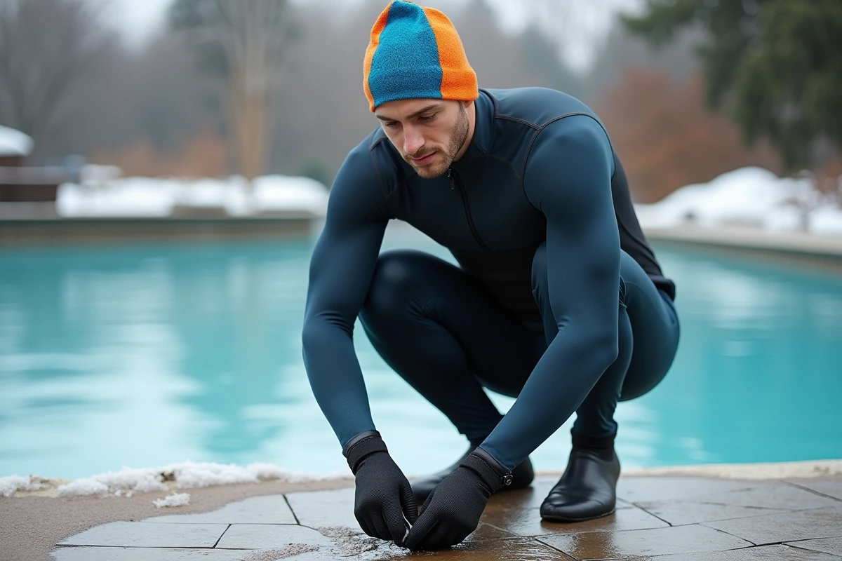 Jeune homme en combinaison de natation près de la piscine gelée