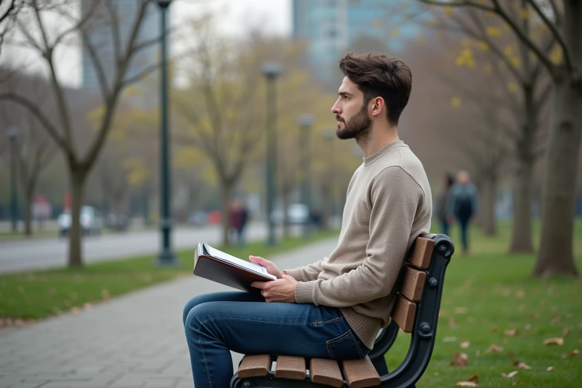 Jeune homme assis sur un banc de parc en réflexion
