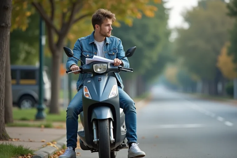 Jeune homme en denim sur scooter en contemplation