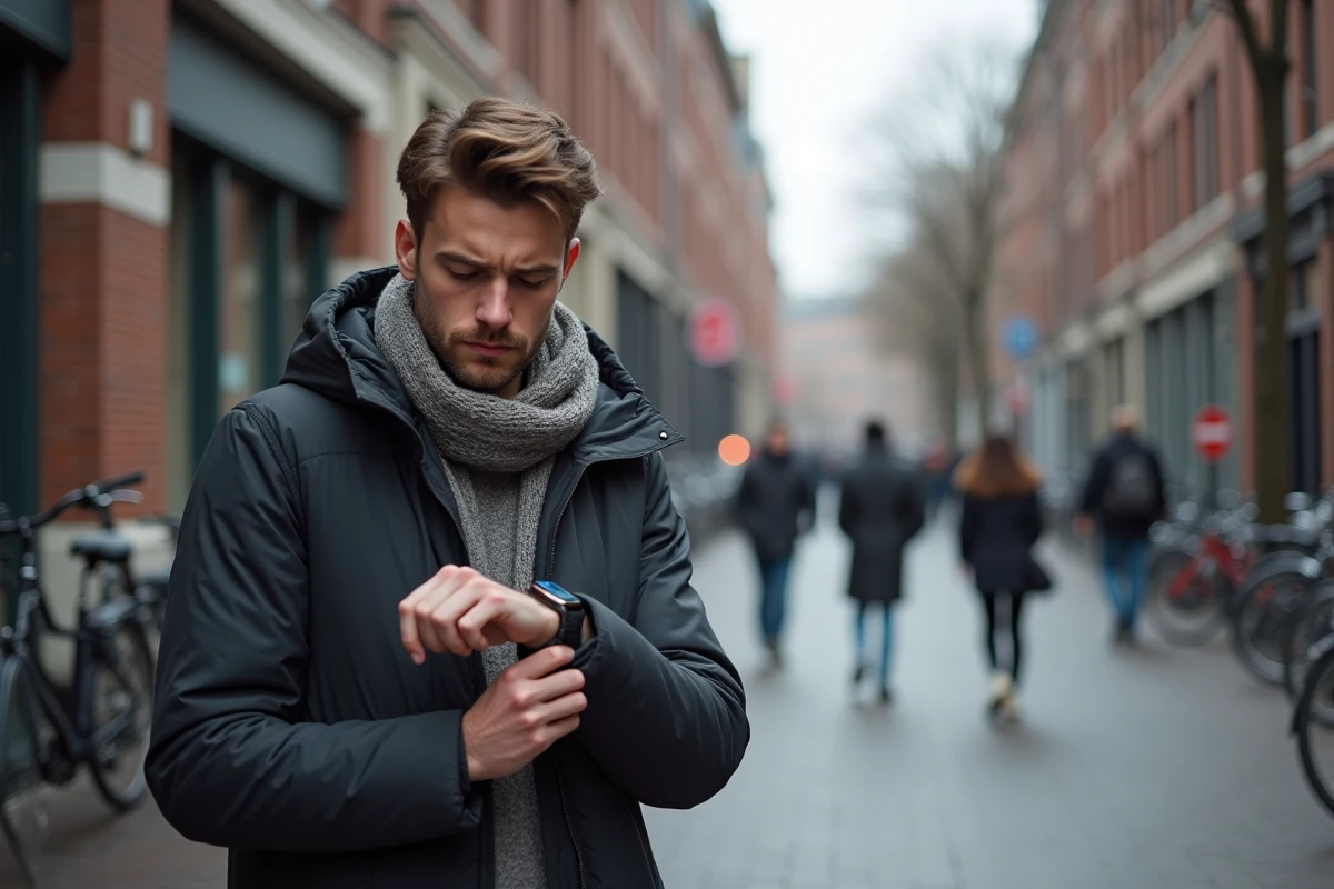 Jeune homme vérifiant sa montre dans une rue urbaine