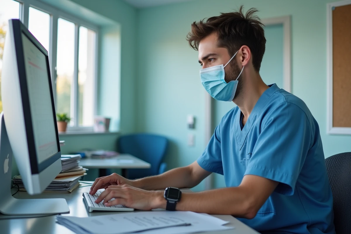 Jeune infirmier travaillant à son poste avec un ordinateur