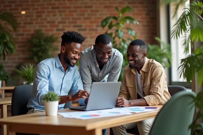 Jeunes entrepreneurs africains collaborant autour d'un ordinateur portable dans un espace de coworking moderne à Dakar, Sénégal