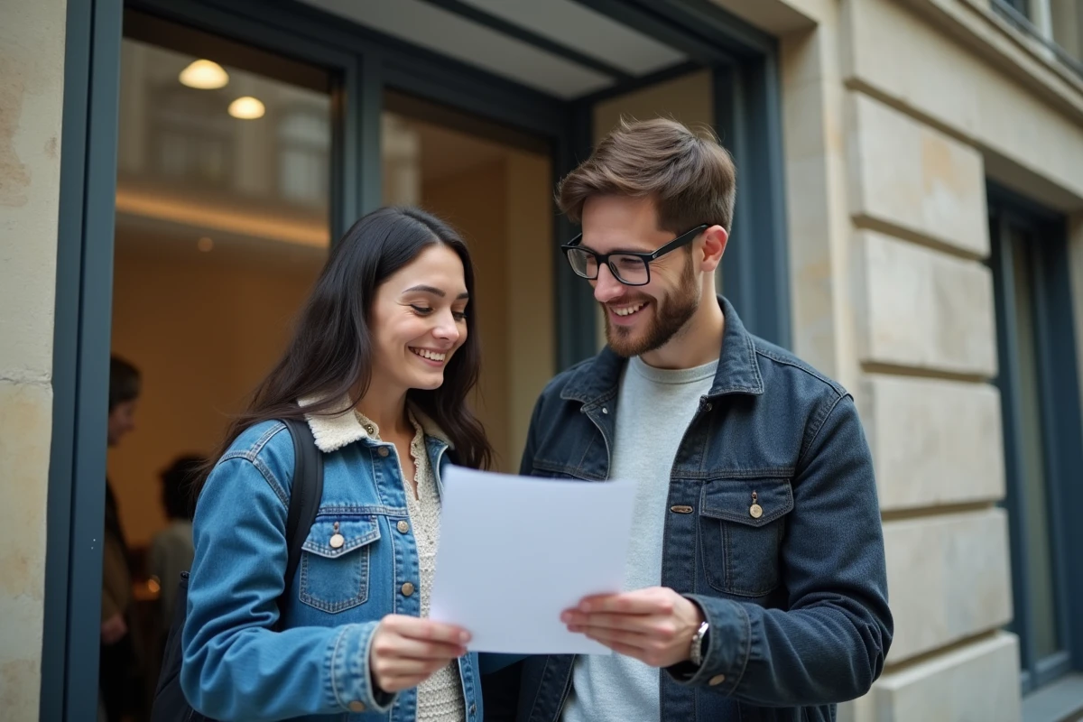 Jeunes adultes devant une banque moderne en France