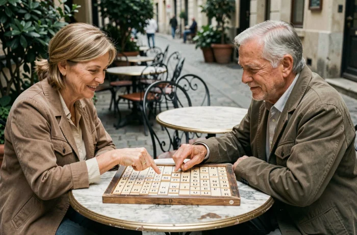 Deux joueurs de Scrabble en terrasse de café vérifiant les mots valides sur le plateau de jeu