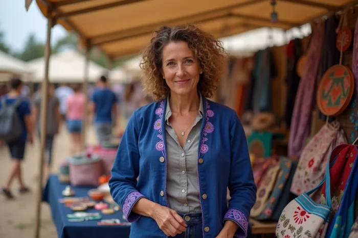 Créatrice Caro Bleue Violette présentant ses créations colorées uniques sur un marché artisanal en plein air