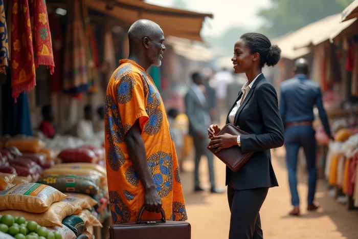 Scène de commerce animée dans un marché en plein air de Lomé au Togo, illustrant la dynamique économique entre commerce informel et secteur formel en Afrique de l'Ouest