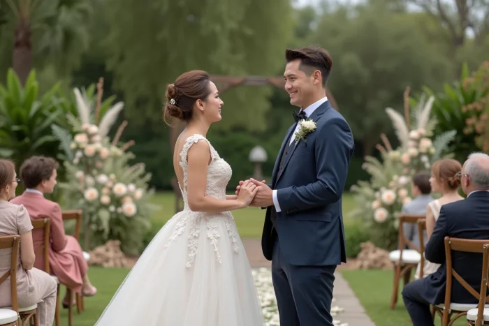 Jeune couple de mariés dans un jardin élégant lors de leur mariage