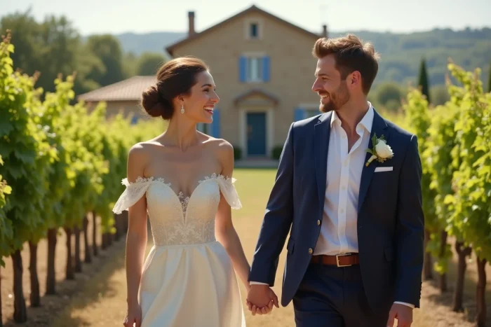 Couple de mariés souriant dans un vignoble français en plein air lors d'un mariage champêtre élégant