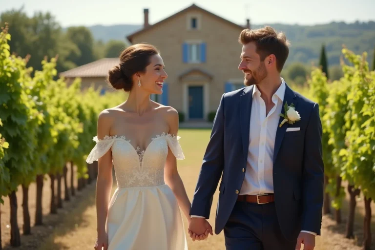 Couple de mariés souriant dans un vignoble français en plein air lors d'un mariage champêtre élégant