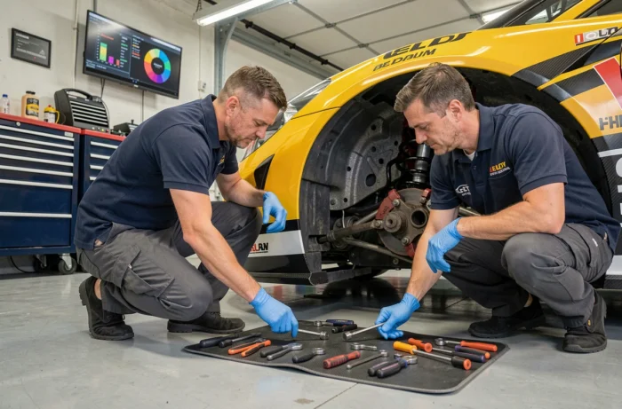 Deux mécaniciens inspecter la suspension avant d'une voiture GT dans un garage de circuit automobile belge avec outils et équipements professionnels