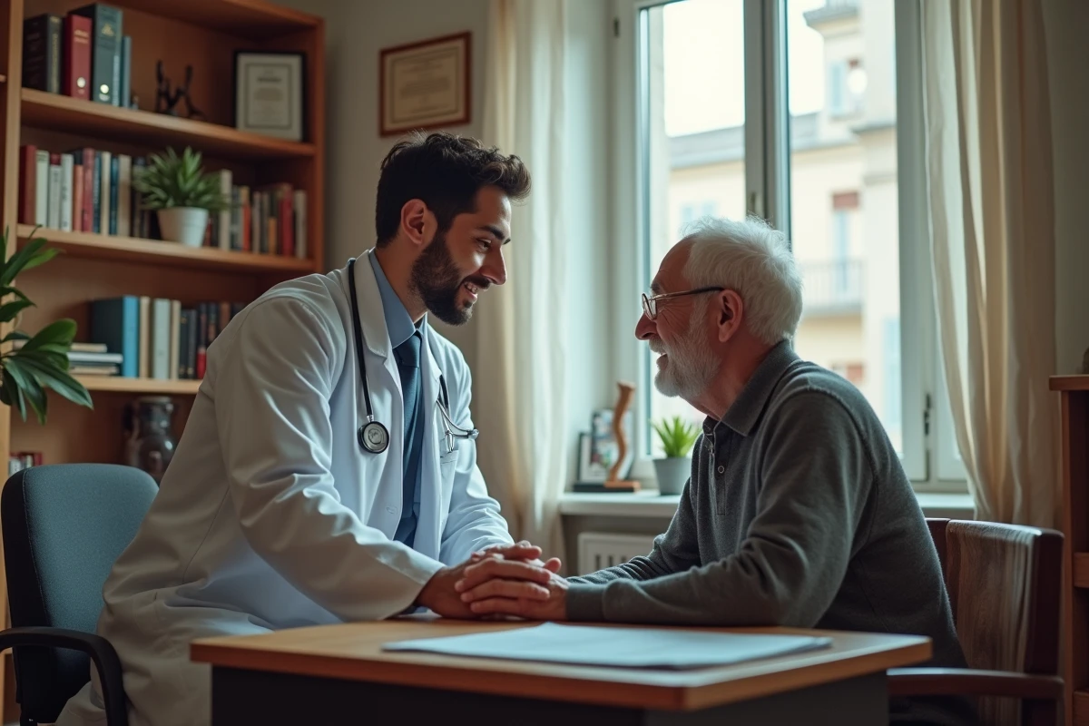 Medecin saluant un patient dans un cabinet médical parisien