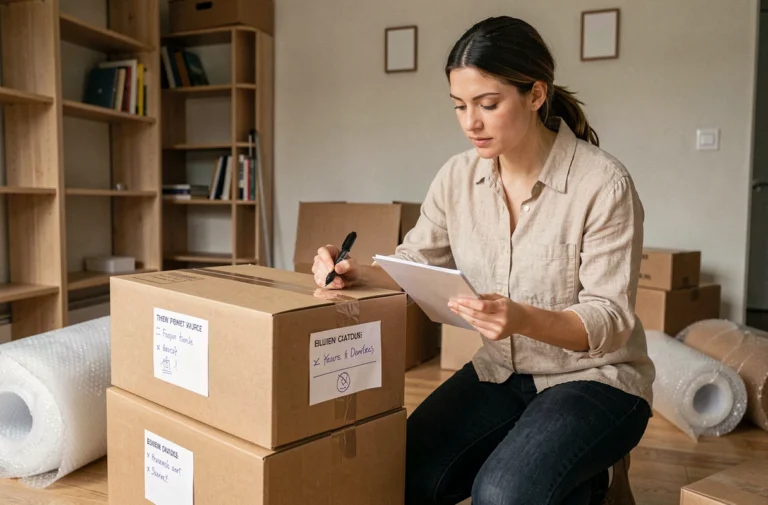 Femme organisant ses cartons de déménagement avec une checklist dans un appartement en cours de déménagement