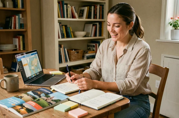 Femme organisant son voyage avec des guides de voyage, un carnet et un ordinateur portable sur une table en bois
