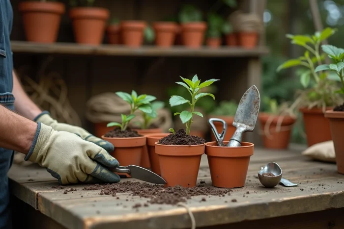 Mains gantées d'un jardinier tenant des outils de jardinage sur une table de rempotage en bois avec des pots en terre cuite et des plants