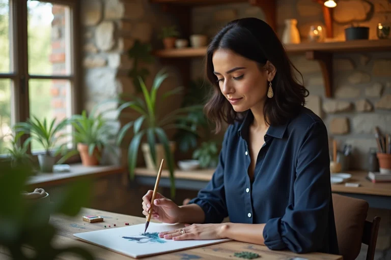 Femme peignant dans son studio artistique cosy