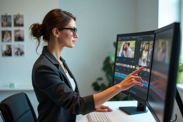 Photographe professionnelle organisant la durée et la sélection des photos d'un diaporama de mariage dans un studio moderne