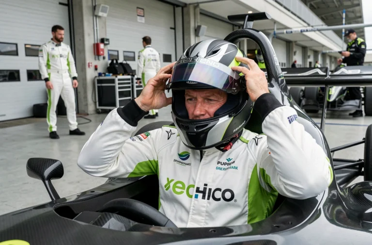 Pilote de course en combinaison écologique assis dans le cockpit d'une voiture de course électrique dans les stands