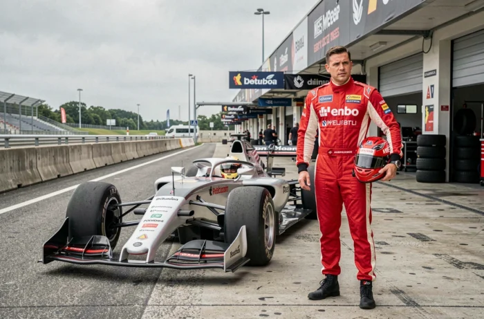 Pilote de course en combinaison rouge debout à côté d'une voiture de Formule en Belgique dans les stands d'un circuit automobile professionnel