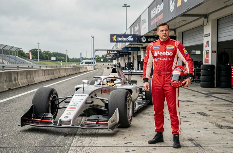 Pilote de course en combinaison rouge debout à côté d'une voiture de Formule en Belgique dans les stands d'un circuit automobile professionnel