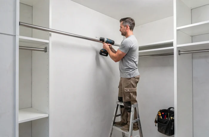 Homme fixant un rail de dressing modulable en hauteur dans un dressing walk-in en cours d'installation