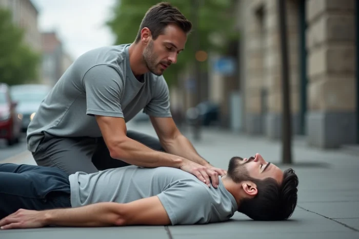 Homme pratiquant la position latérale de sécurité sur une personne allongée sur un trottoir en milieu urbain