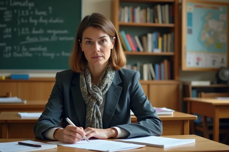 Professeure française en classe avec papiers