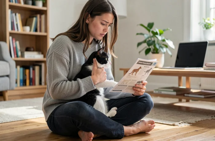 Femme inquiète tenant son chat noir et blanc en consultant une notice vétérinaire sur les effets secondaires du Zodon