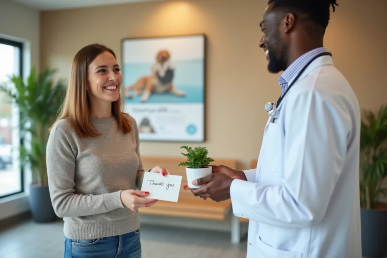 Femme souriante offrant une carte de remerciement au vétérinaire