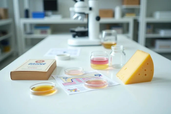 Mise en scène scientifique comparant le sébum cutané et le fromage sur une paillasse de laboratoire, illustrant l'origine de l'odeur