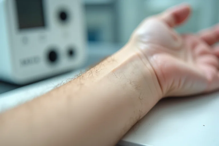 Gros plan macro sur la texture de peau humaine montrant les pores et le sébum naturel en contexte scientifique