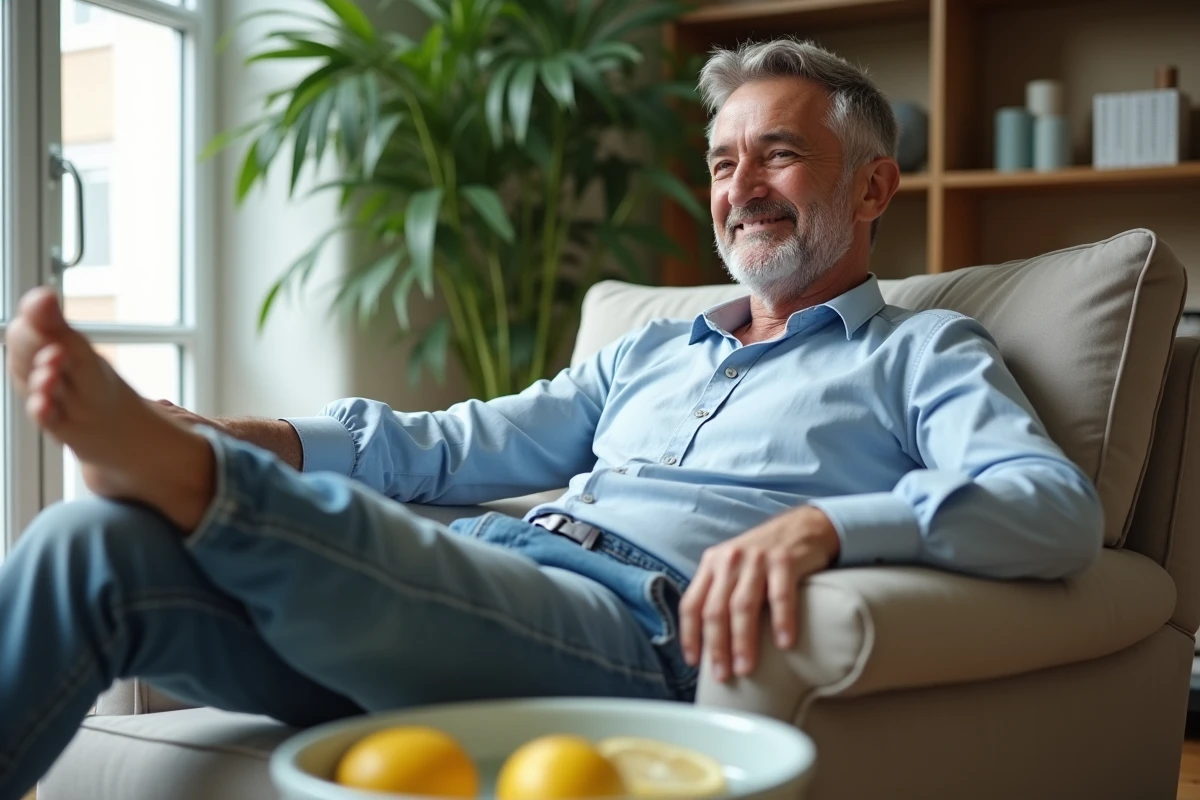 Homme trempant son pied dans un bassin avec citron