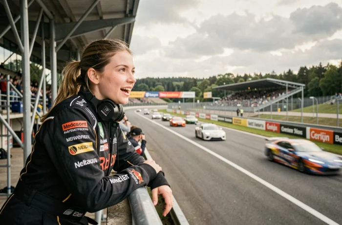 Jeune femme spectatrice de sport automobile appuyée sur une rambarde dans les tribunes d'un circuit en Belgique regardant passer les voitures de course