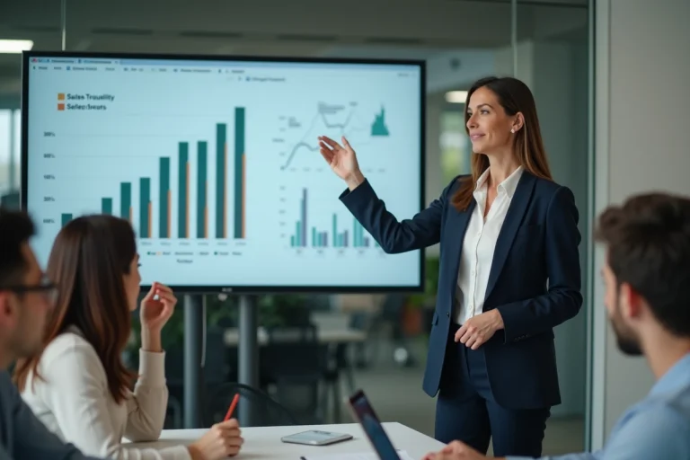 Femme d'affaires présentant une stratégie de croissance à son équipe dans un bureau moderne