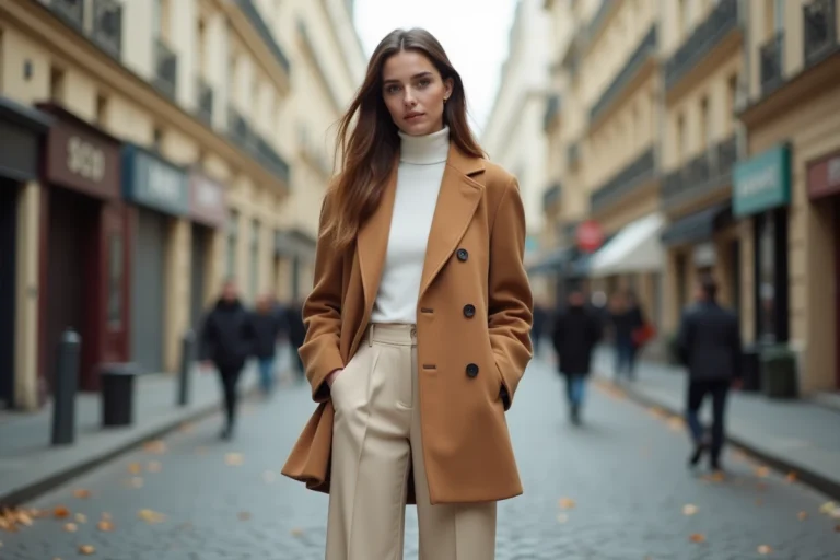 Femme élégante portant un blazer camel oversize et un pantalon large sur une rue pavée parisienne en automne, tendances mode saison