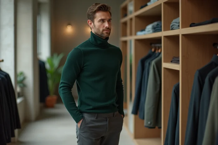 Homme en pull col roulé vert forêt feuilletant des vêtements dans une boutique de mode minimaliste aux murs en béton brut, tendances mode masculine