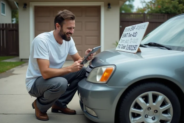 Un vendeur particulier dans une allée résidentielle analysant les statistiques d'une annonce payante Leboncoin pour vendre sa voiture d'occasion plus rapidement