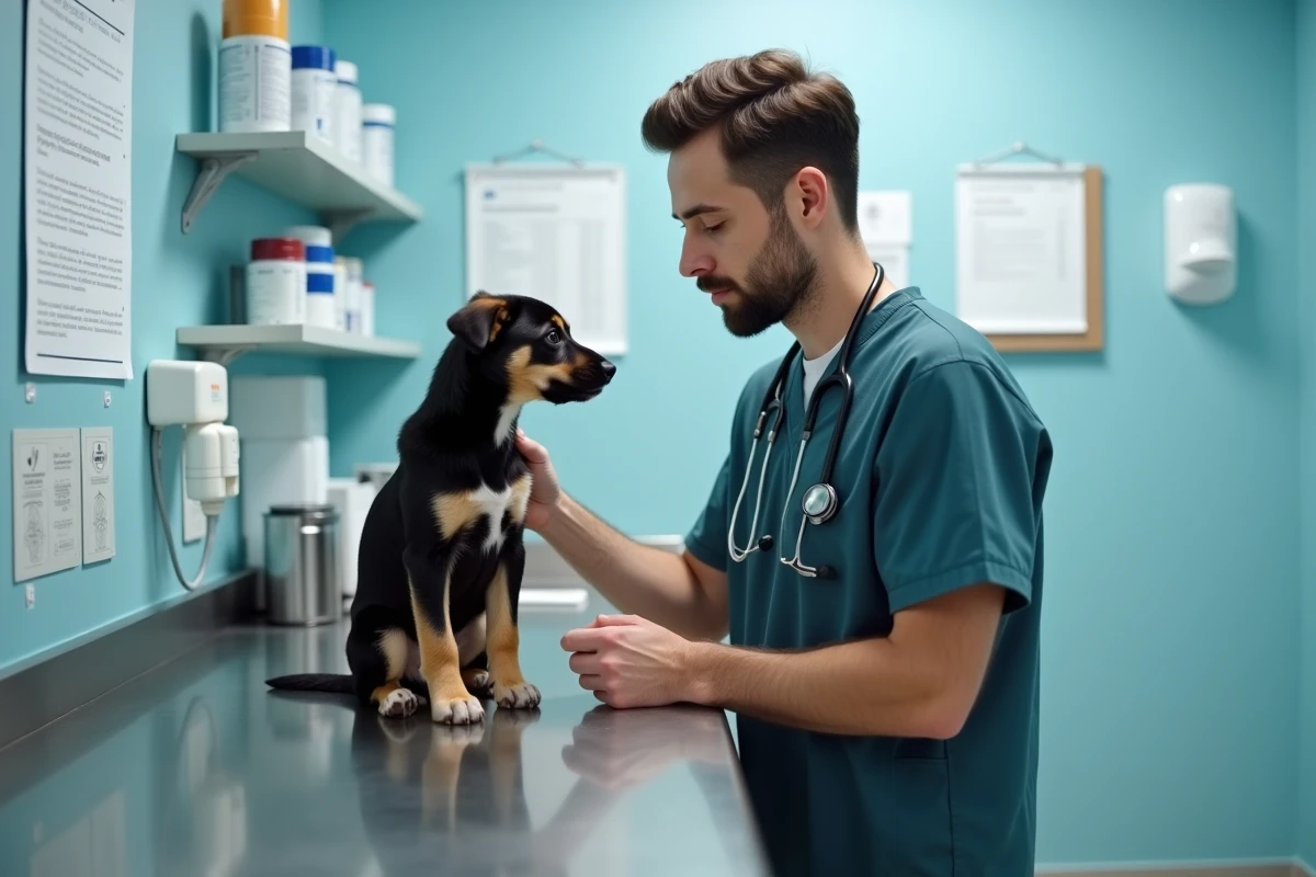 Vétérinaire examinant un chiot noir et feu dans une clinique