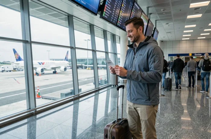 Homme voyageur à l'aéroport avec une valise, vérifiant sa carte d'embarquement avant un départ