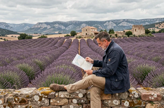 Homme consultant une carte papier assis sur un muret en pierre devant un champ de lavande provençal et une ferme en ruine