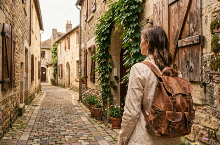 Voyageuse explorant une ruelle pavée d'un village médiéval français avec arche en pierre et volets en bois anciens